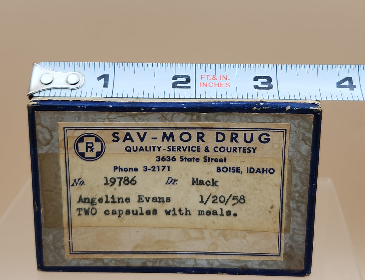 SAV-MOR Vintage 1958 Pharmaceutical Prescription Box/3636 State Street Boise, Idaho