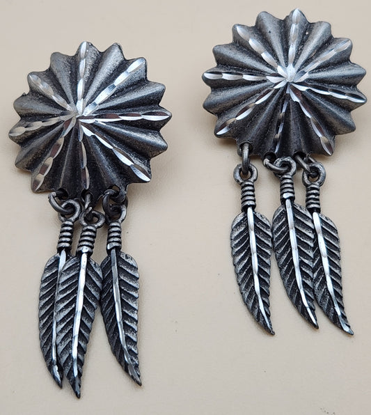 Antiqued Silver Tone Starburst/Dangle Feather 2" Earrings