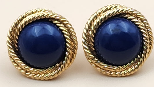 NAPIER Textured Rope Twist/Blue Lucite Cabochon Vintage 1970's-80's Stud Earrings
