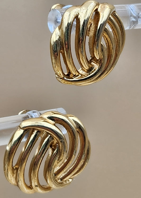 MONET Gold Tone Swirl Ribbed Vintage 80's Stud Earrings
