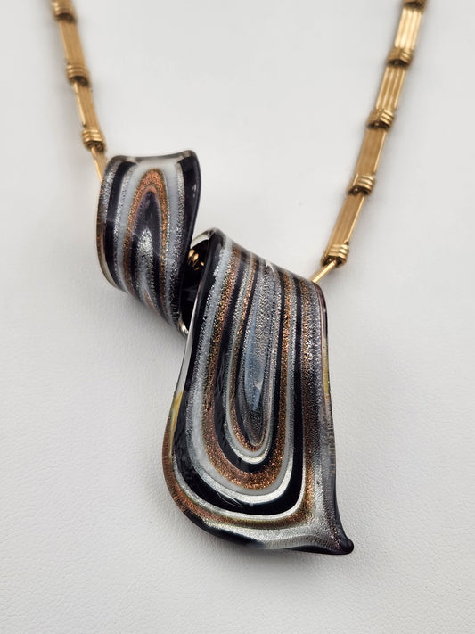 Murano Style Black/Gold/Silver Lampwork Art Glass 3" Swirl Pendant on Gold Tone 16" Necklace
