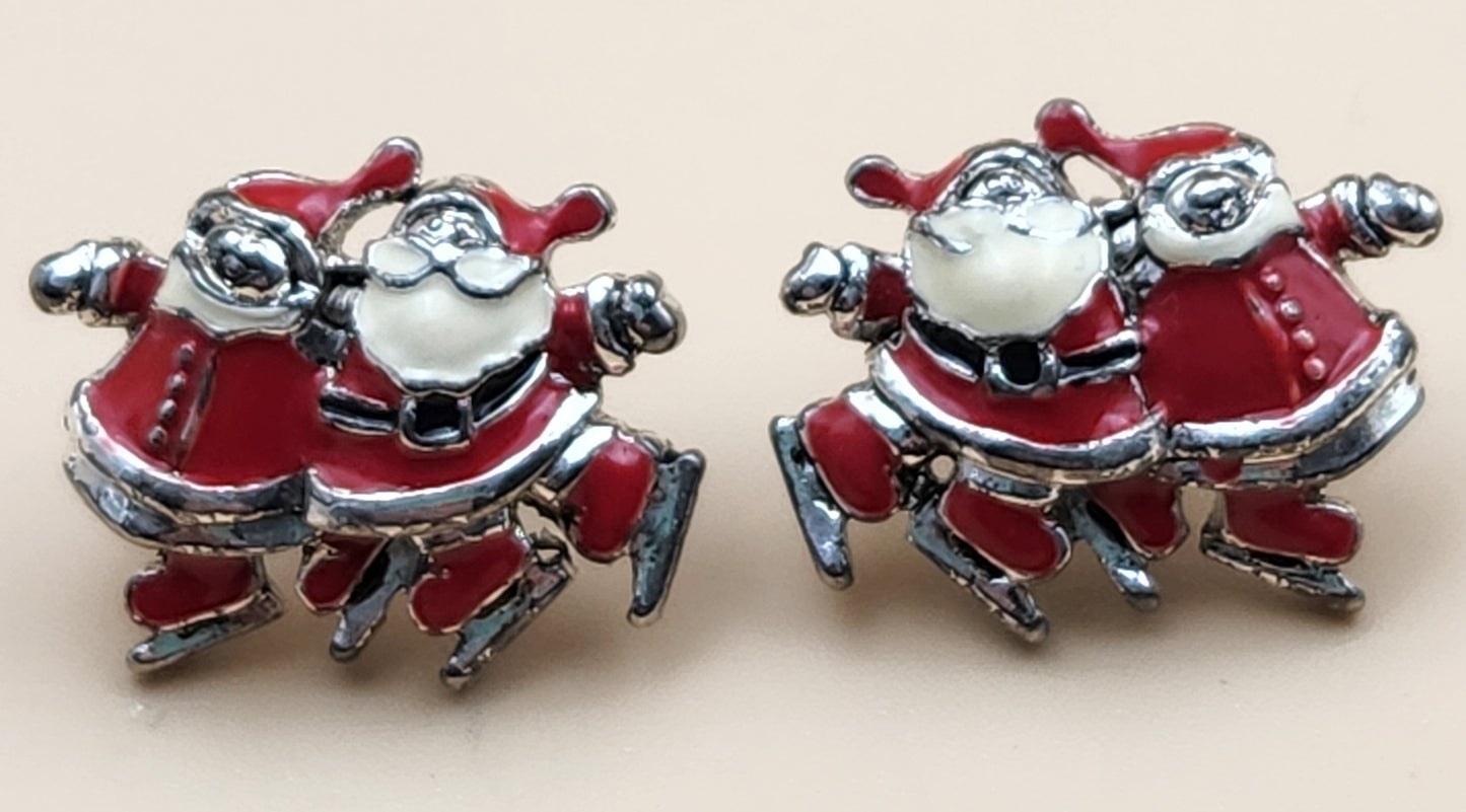 Vintage Mr. And Mrs. Santa Claus Wearing Ice Skates Festive Red and White Enamel Earrings