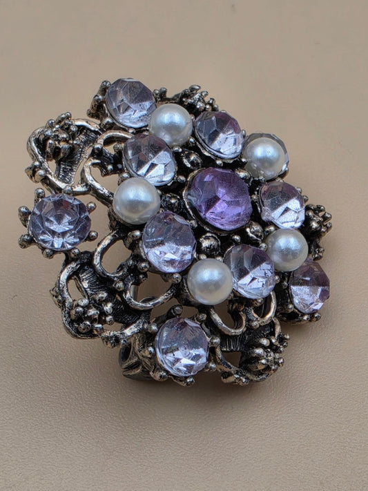 Antiqued Silver Tone/Clear/Purple Rhinestone/Faux Pearl Mid 20th Century Brooch