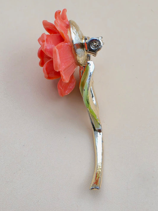 JONETTE JEWELRY J.J. Vintage 1988 Orange/Green/Gold Tone Rose Brooch