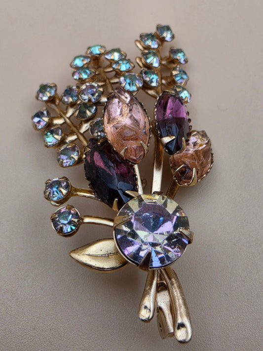 Prong Set/Marquise Cut and Chaton Rhinestones/Purple and Pink Floral Spray Brooch
