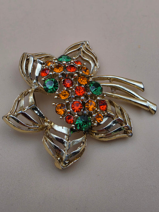 Vintage Gold Tone/ Orange and Green Rhinestone Flower Brooch