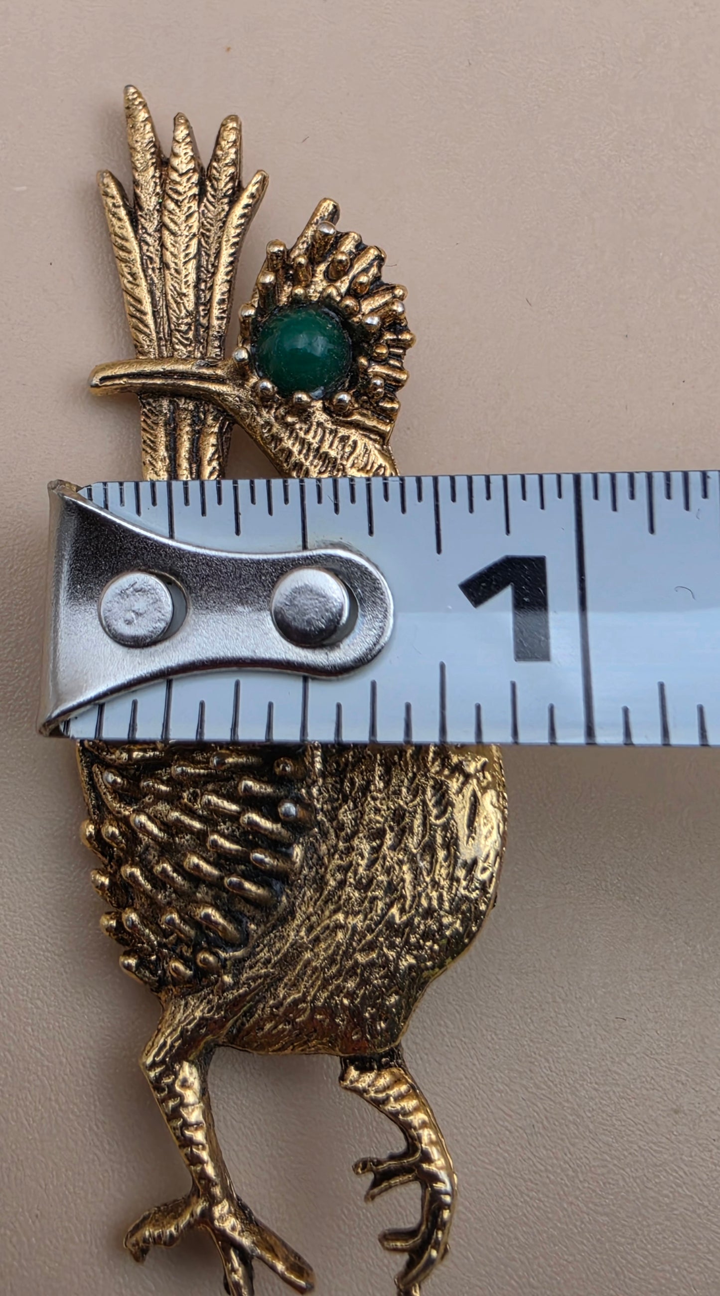 AMBASSADOR Gold Tone/Green Stone Stylized Vintage Road Runner Brooch
