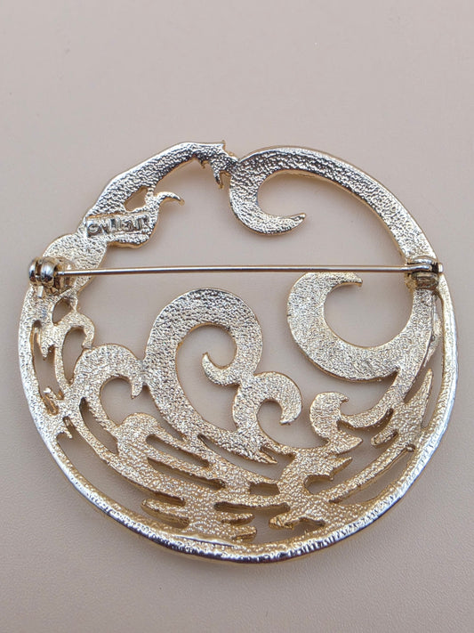 M.JENT Gold Tone Stylized Mermaid In Swirling Waves Brooch