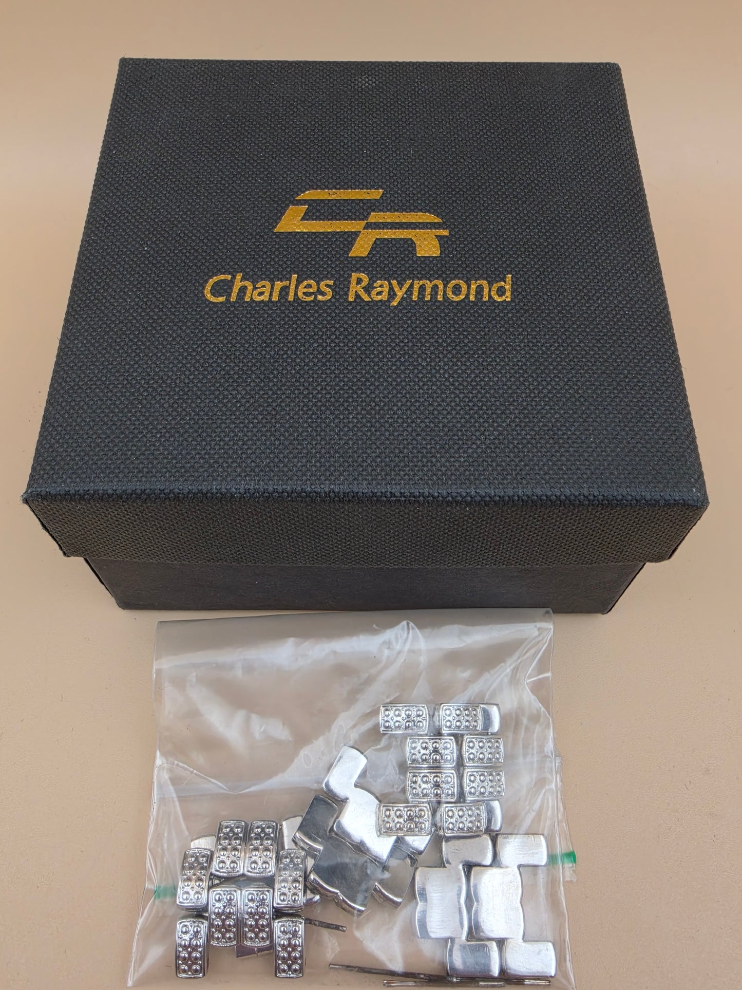 CHARLES RAYMOND Silver Tone/Rhinestone/Blue Dial Watch with Matching Bracelet and 4 Extra Links