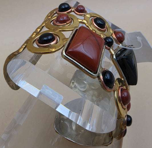 BOUGAINVILLEA Coral/Black Onyx/Gold White Based Metal 7" Cuff Bracelet