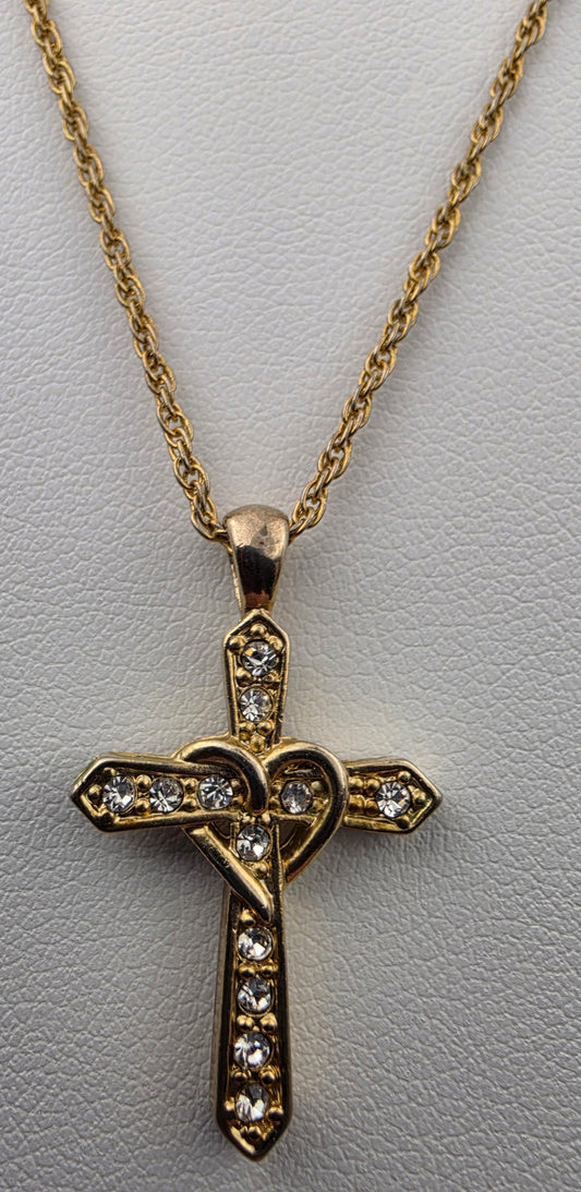 Gold Tone/Clear Rhinestone/Heart Wrapped Cross Pendant on 16"- 18" Adjustable Gold Tone NecklaceChain Necklace