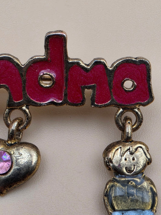 Antiqued Goldtone/Enamel Dangle Charm/ "Grandma" Vintage Brooch