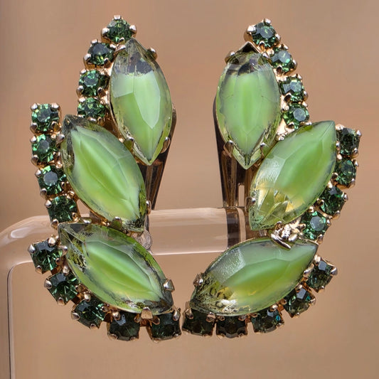 Green Milk Glass Navettes/Green Rhinestone Vintage 1950's-1960's Clip On Earrings