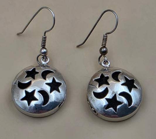Sterling Silver/Cutout Moon and Stars 1.5" Dangle Earrings