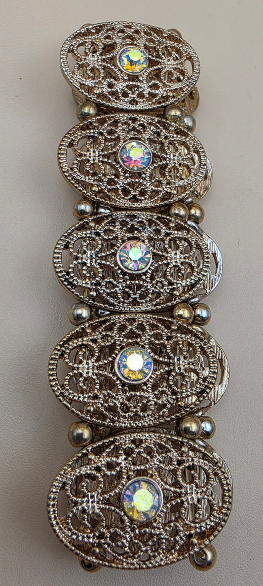 1940's- 1950's Antiqued Goldtone Filagree/Aurora Borealis Vintage Stretch Bracelet