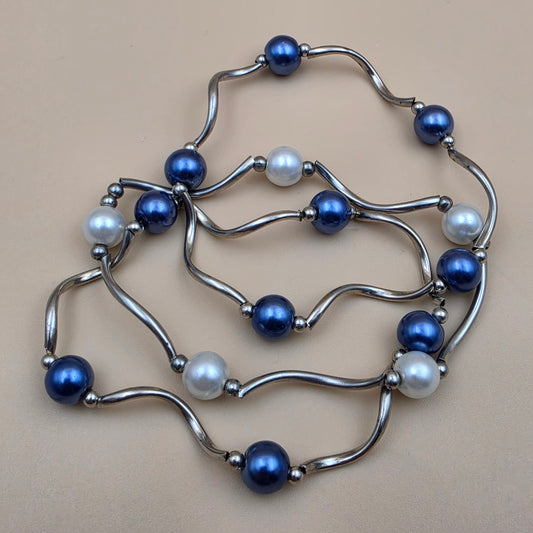 Silvertone/Blue and White Faux Iridescent Pearl Beaded Stretch Bracelet(3)