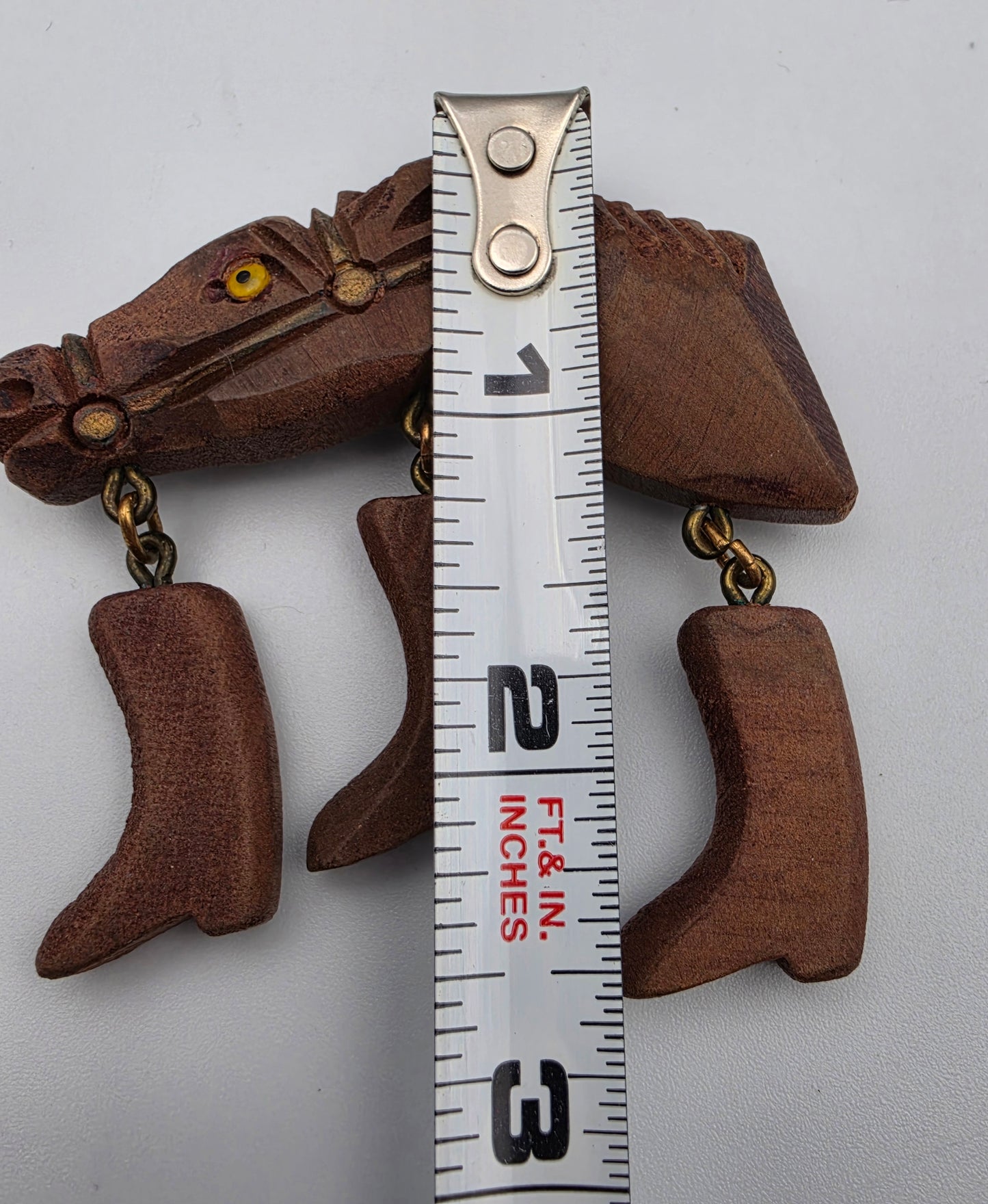 Hand Carved Maple 1950's Vintage Horse Head With Glass Eye/Dangling Cowboy Boot Folk Art Brooch