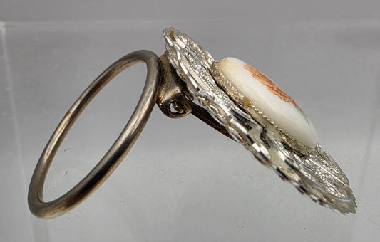 Hand Painted Floral White Enamel Painted Porcelain Cabochon/Silver Tone Filigree Layered Vintage Scarf Hoop