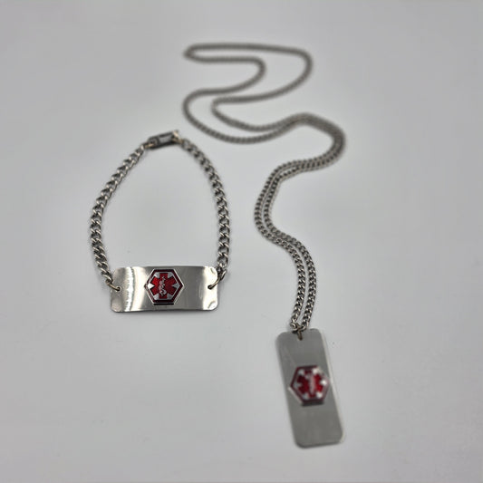 Stainless Steel Medical ID Drug Allergy 8" Bracelet and Penicillan Allergy 26" Necklace