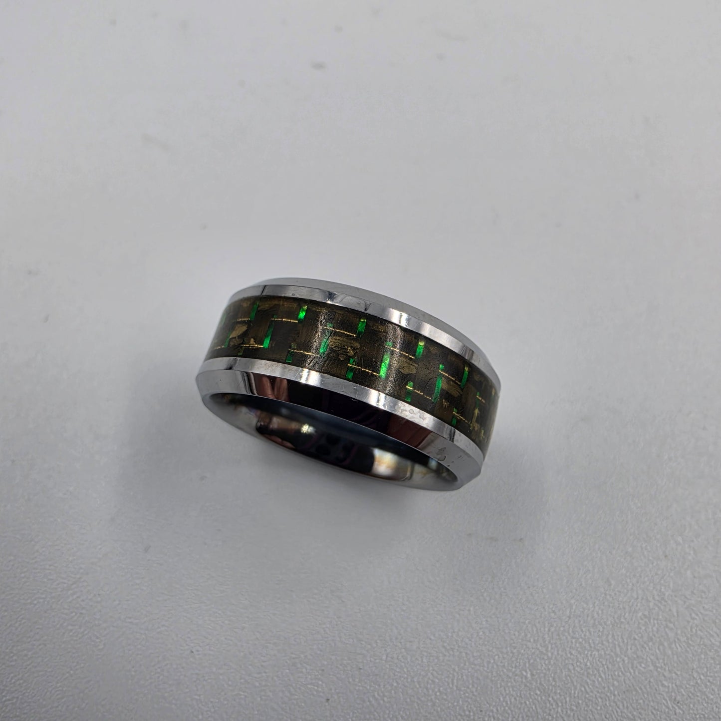 Tungsten Carbide /Green and Gold Carbon Fiber Inlaid Mens Ring Size 8