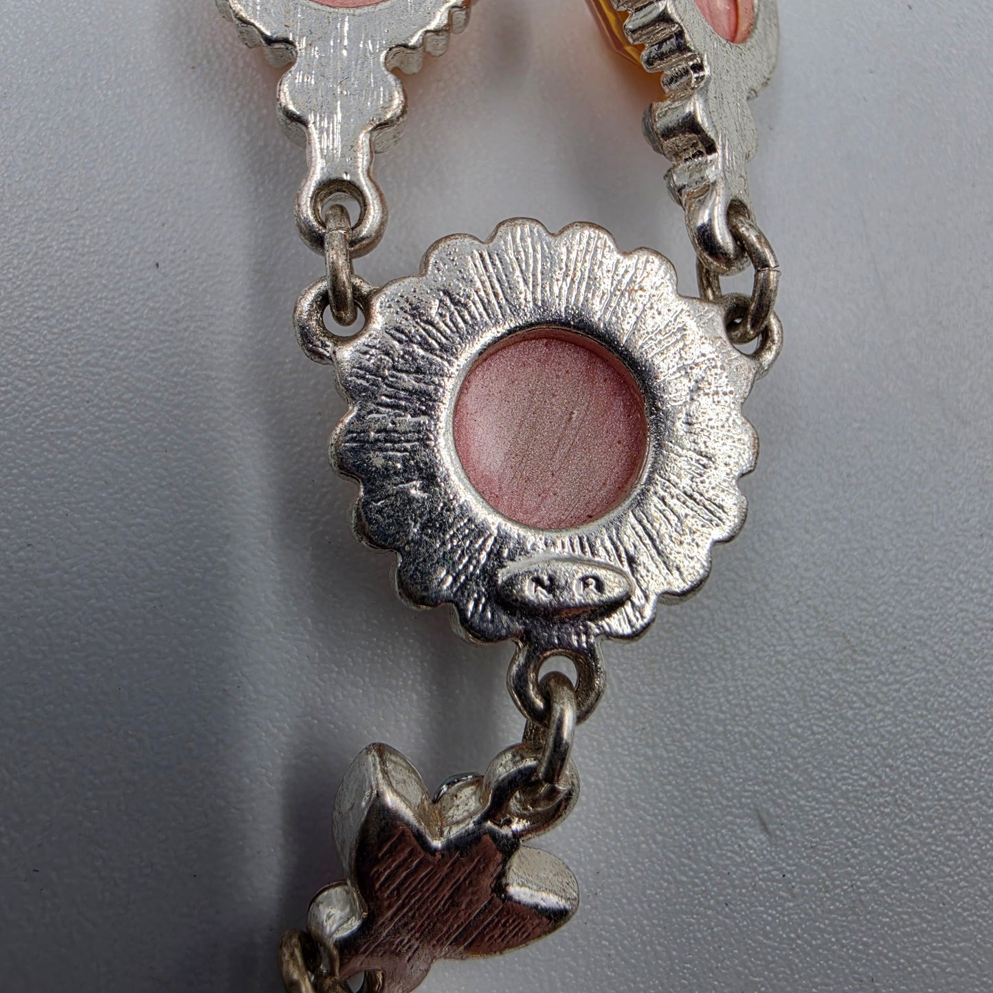 17"-20" Adjustable Iridescent Orange/Pink Butterfly/ Silver Tone Necklace