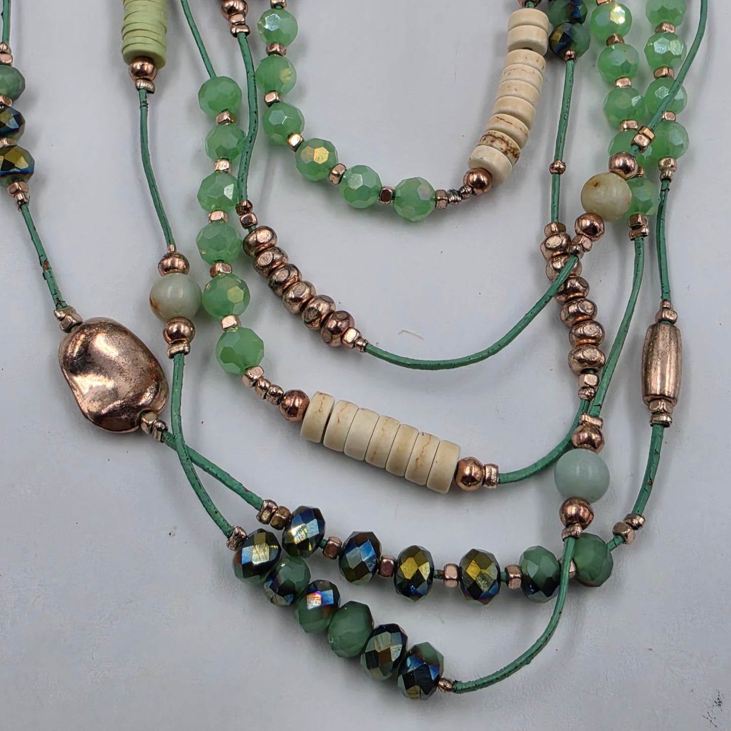 16"-17" Iridescent Green/Mint/Silver Glass Beaded Necklace