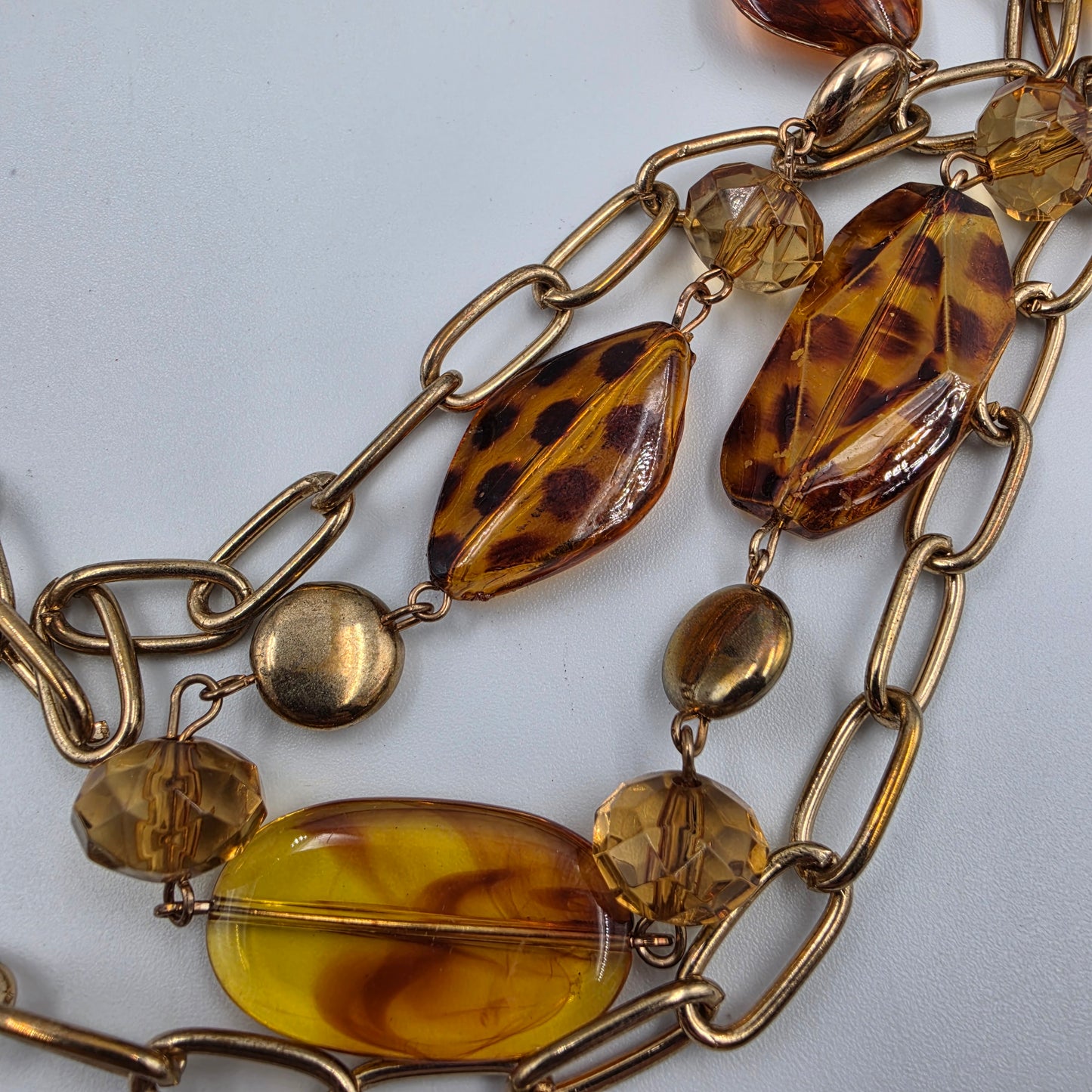 35"-37" Tortoise Shell Print Resin Bead/ Antiqued Gold Tone Chain Necklace
