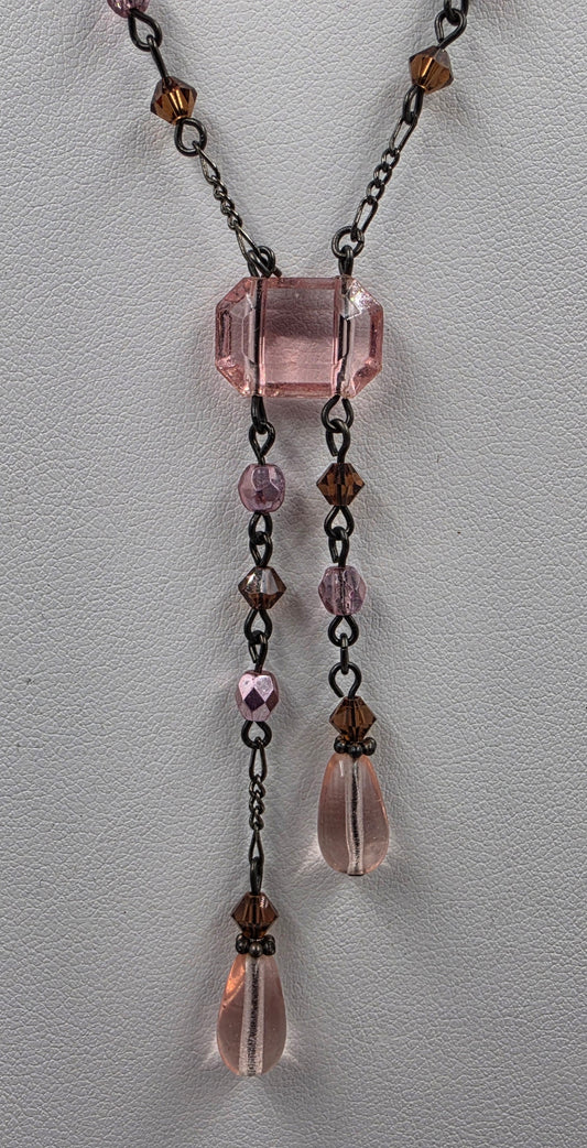 15"-17" Pink/Brown Glass Rhinestone/Black Chain Necklace