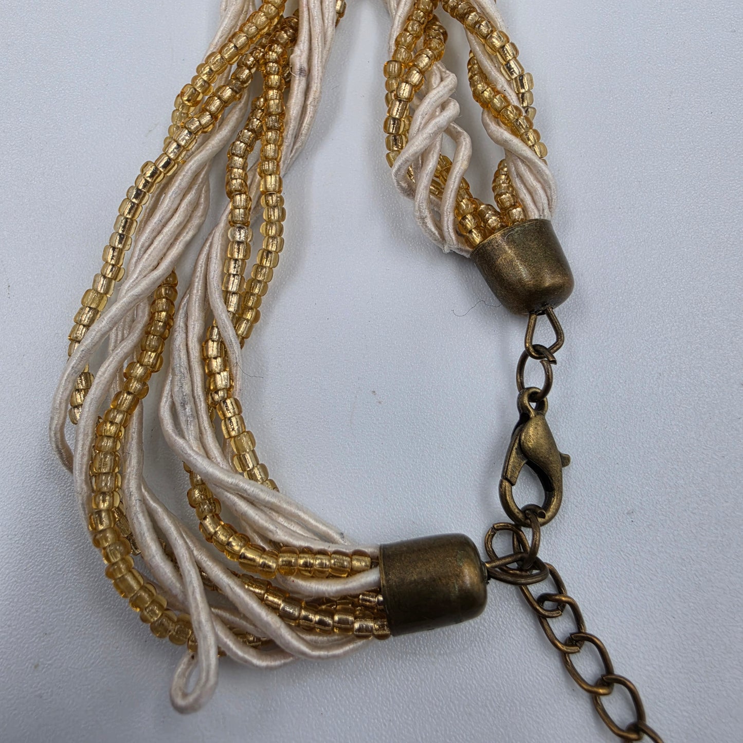 18"-20" Gold Glass Bead/Cord Necklace with Gold Tone/Yellow Glass Cabochon Pendant