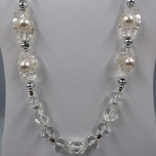 25" Clear Lucite Bead/Faux Pearl/Silver Necklace