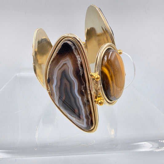 DAVID JEFFERY 7" Black Banded Brazilian Agate/Tigers Eye/ Gold Tone White Metal Cuff Bracelet