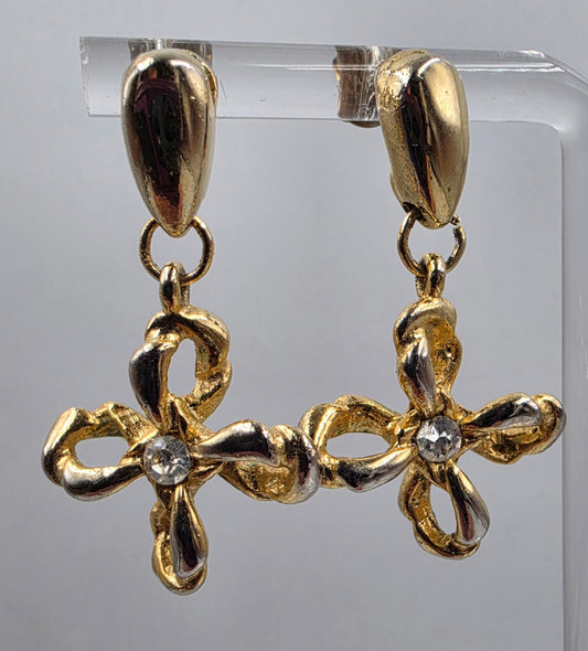 Two Tone Gold Tone/Clear Rhinestone Floral Earrings