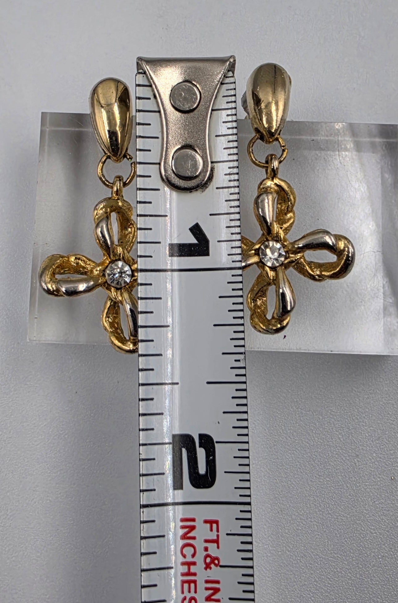 Two Tone Gold Tone/Clear Rhinestone Floral Earrings