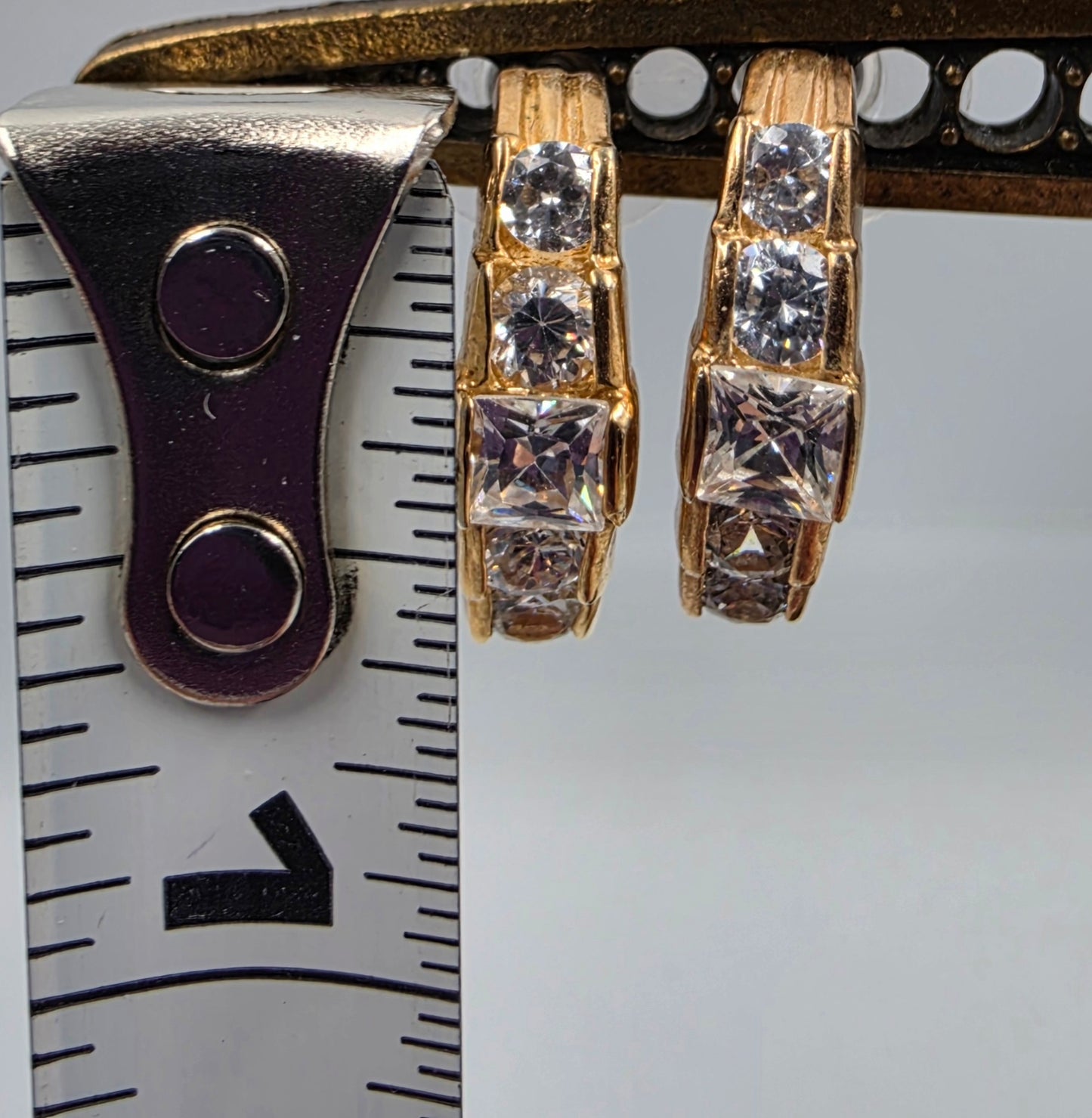 Gold Tone/ Clear Glass Rhinestone Half Hoop Earrings