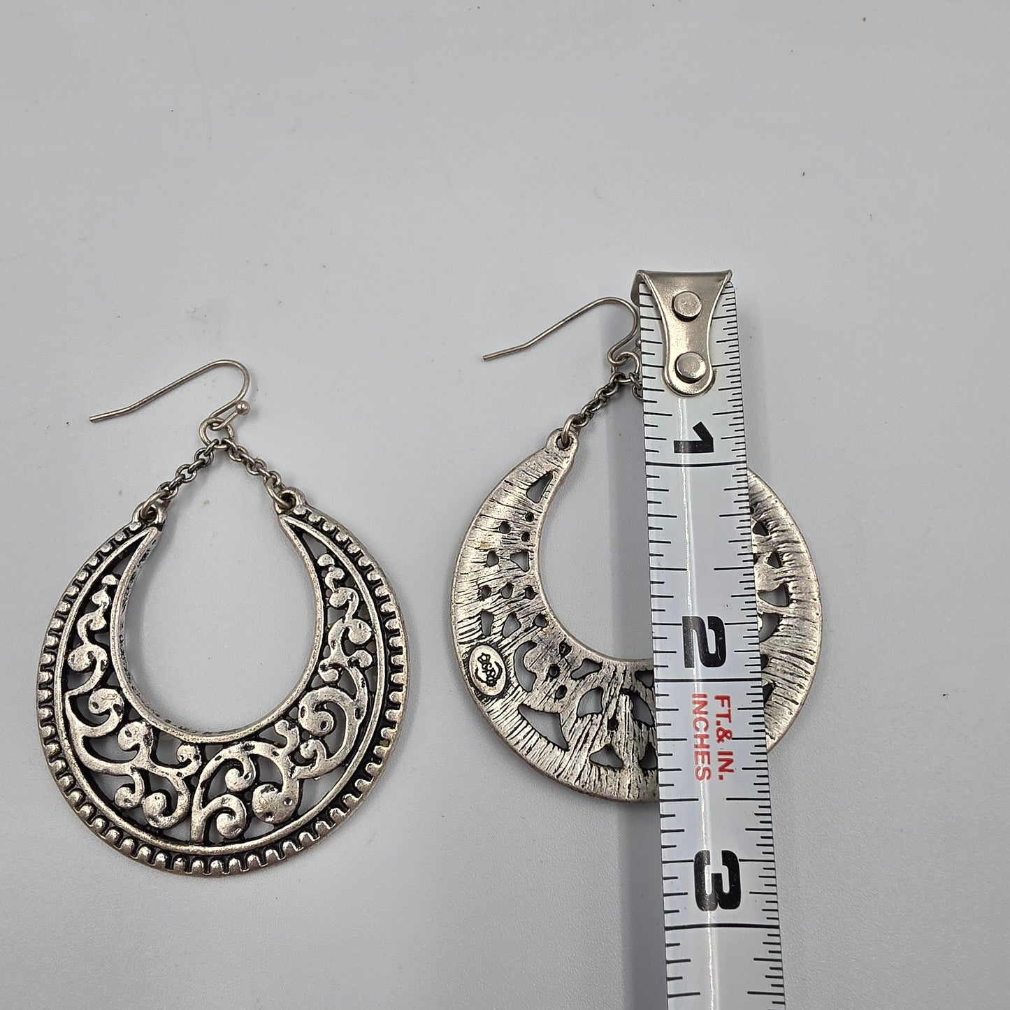 PREMIER DESIGNS 2.5" Pewter Finish Crescent Filagree Dangle Earrings
