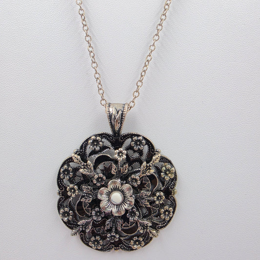 35"-38" Adjustable Vintage Black Enamel/Silver Plated Filagree Floral Necklace