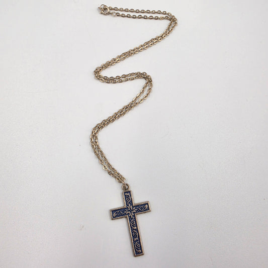 20" Silver Tone/Blue Painted Cross Necklace