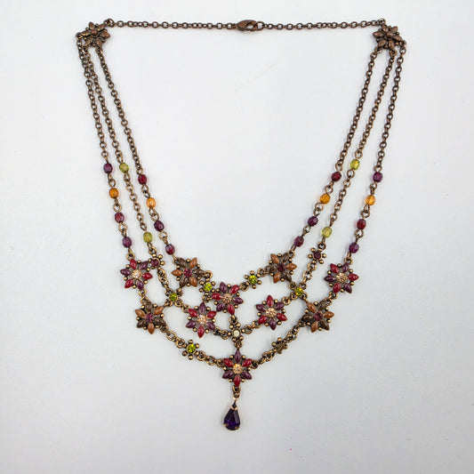 15.5" Maroon/Purple/Clear Rhinestone Floral Bib Necklace