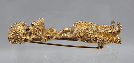 MONET 2.25" Vintage 1960"s-70"s Gold Tone Plated Textured Sitting Poodle With A Detailed Bow And Black Rhinestone Eyes