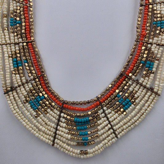 17"-20" Adjustable Turquoise/Gold/Cream/Orange Seed Bead Multi Layer Necklace