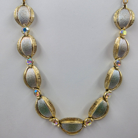 17" Gold Tone/Aurora Borealis Rhinestone Panel Necklace