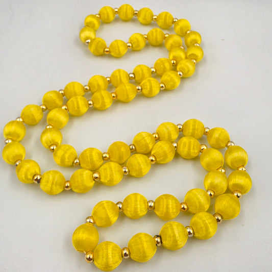 30" Yellow Silk Wrapped Bead Necklace With Gold Tone Spacers
