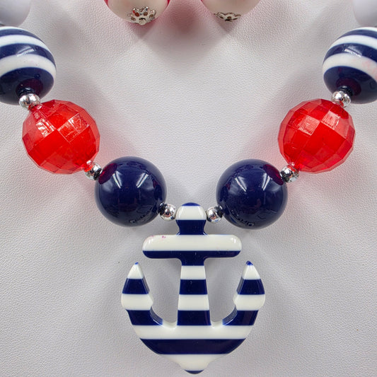 Nautical/ Patriotic Themed Bubblegum Beaded 15.5" Necklace And 3" Earring Set