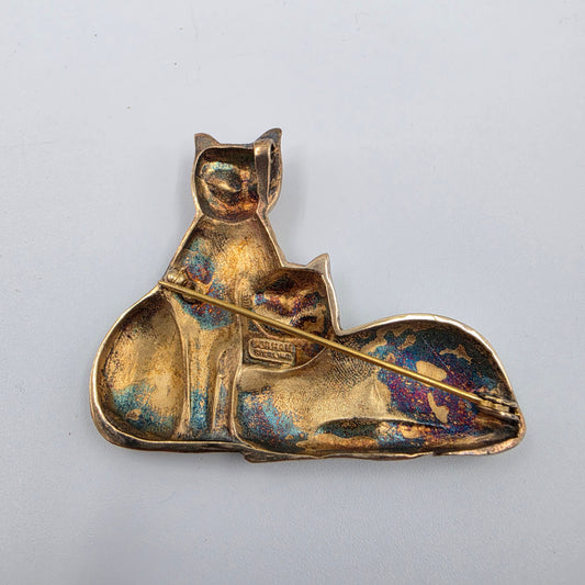 GORHAM STERLING Two Tone Sterling Silver Cats With Green Gemmed Eyes Vintage Brooch