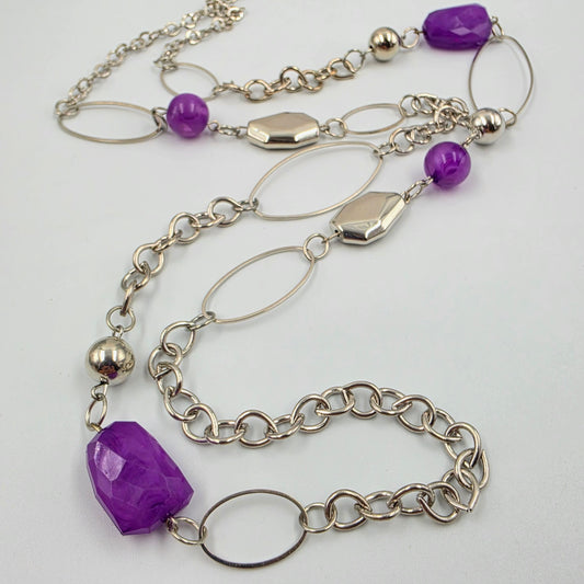44"-46.5" Purple Faceted Acrylic Stone/Silver Tone Necklace With Matching Earrings