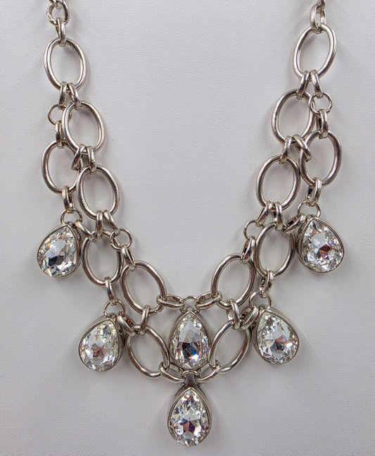 19"-21.5" Clear Glass Rhinestone/Double Chain Necklace With Matching 1.5" Earrings