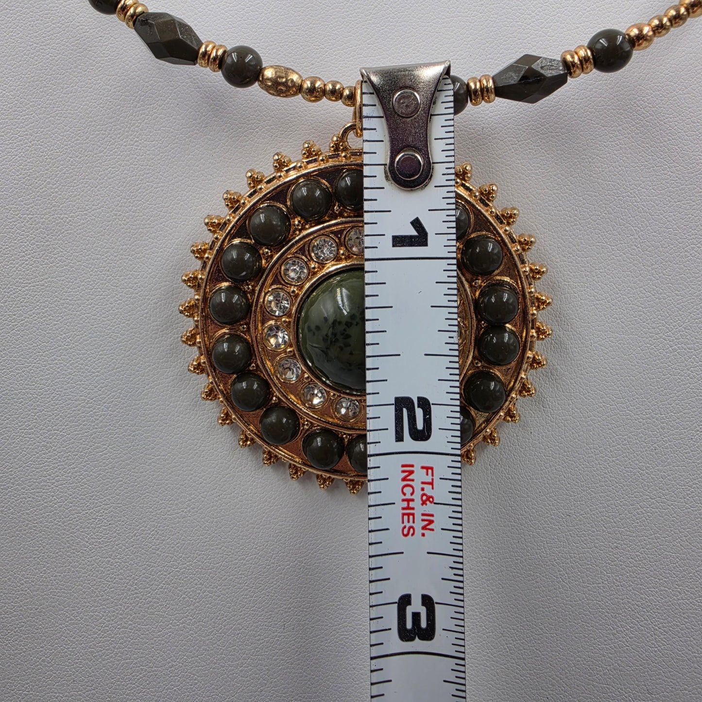 1946 Brand Bohemian Style/Dark Green Acrylic Bead/Clear Rhinestone/Gold Tone Medallion Pendant Necklace
