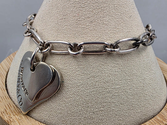 TIFFANY & CO. Genuine Sterling Silver Double Floating Heart 7.5" Bracelet