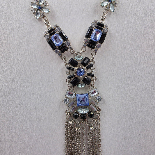 22.5"-25.5" Clear/Blue Rhinestone/ Weaved Cord Silver Tone Y Necklace