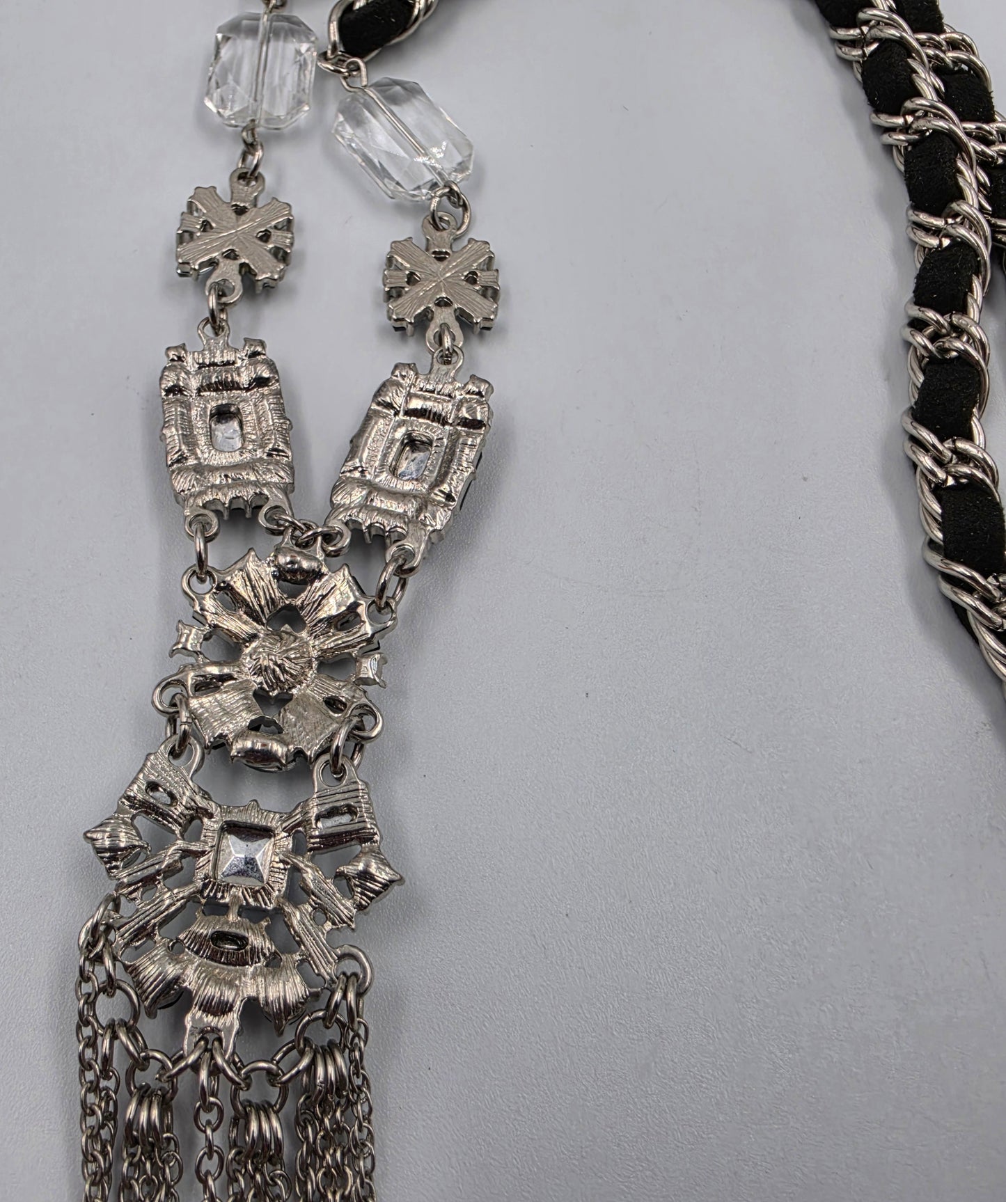 22.5"-25.5" Clear/Blue Rhinestone/ Weaved Cord Silver Tone Y Necklace